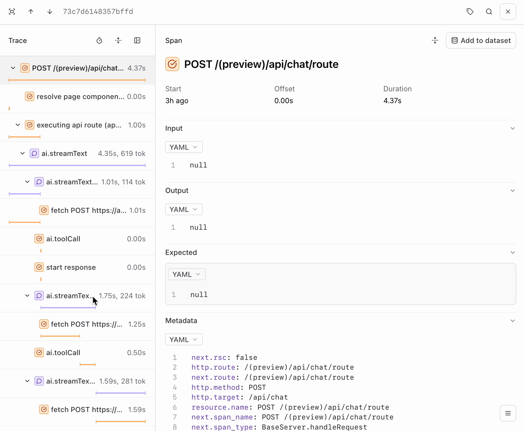 Expanding tool call and stream spans